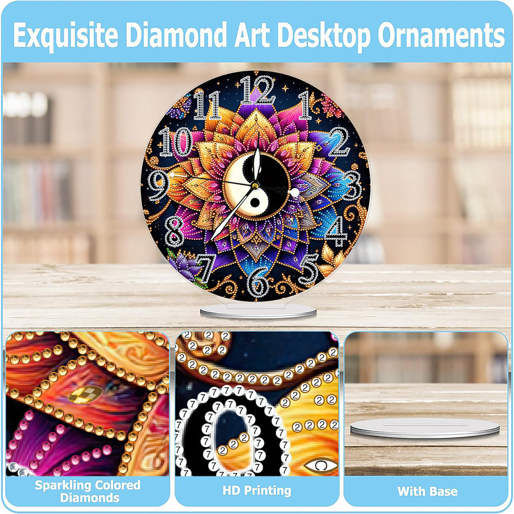 Acrylic Special Shape Yin Yang Lotus 5D Diamond Painting Clock Art Craft