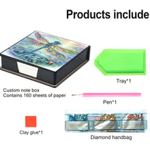Load image into Gallery viewer, Leather Dragonfly Diamond Painting Notecard Box Rhinestones Post It Dispenser