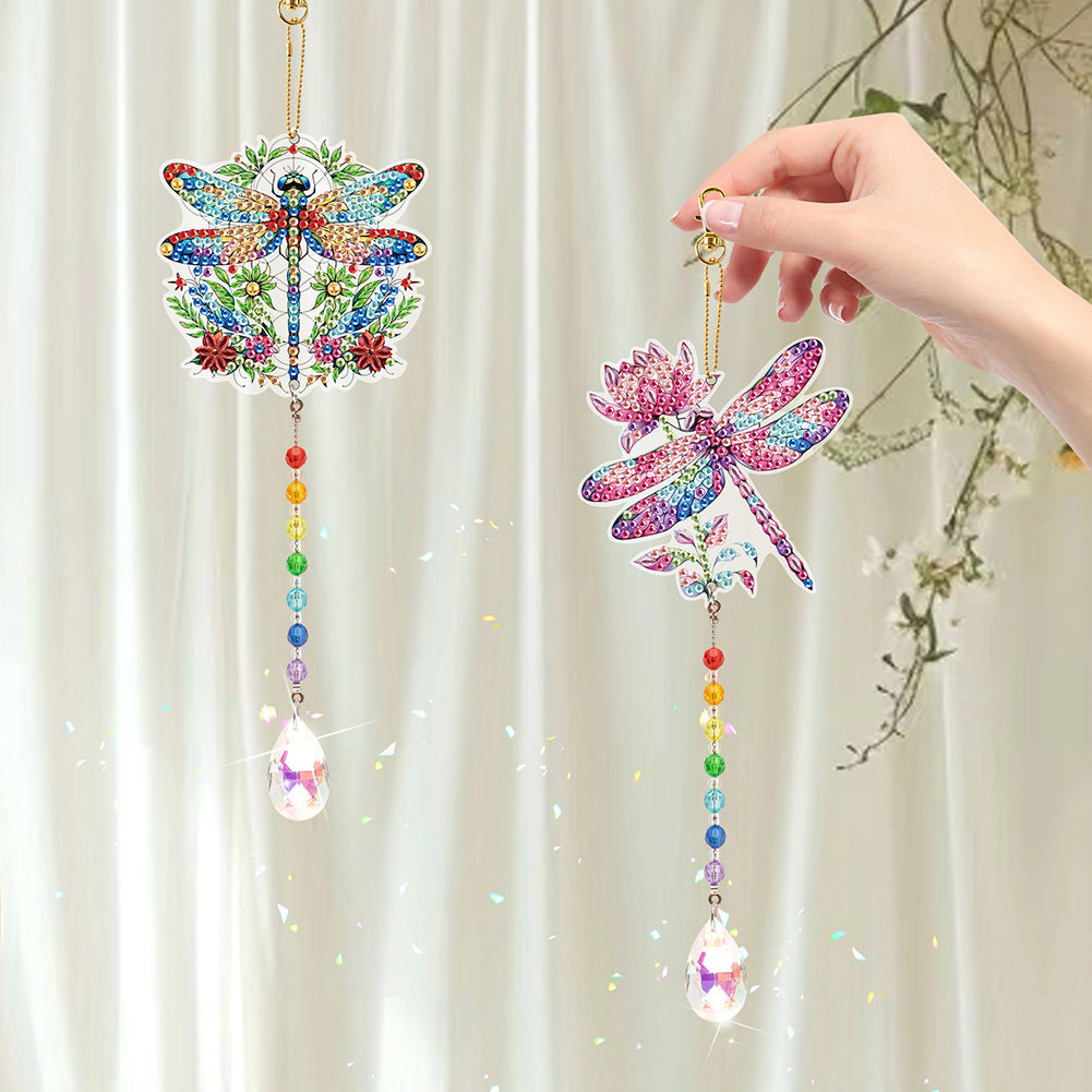2Pcs Diamond Painting Sun Catcher Crystal Painting Ornaments (Flower Dragonfly)