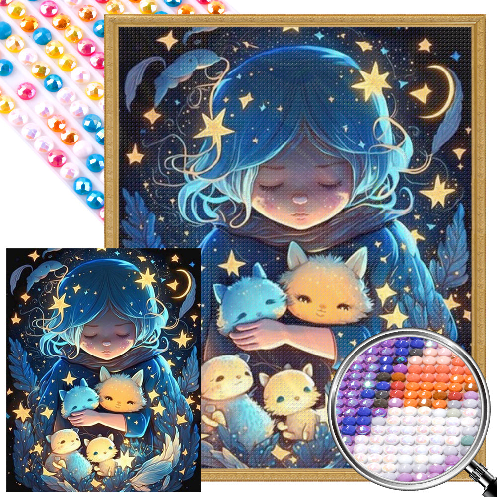AB Diamond Painting - Full Round - Starry Sky Girl And Small Animals (40*50CM)