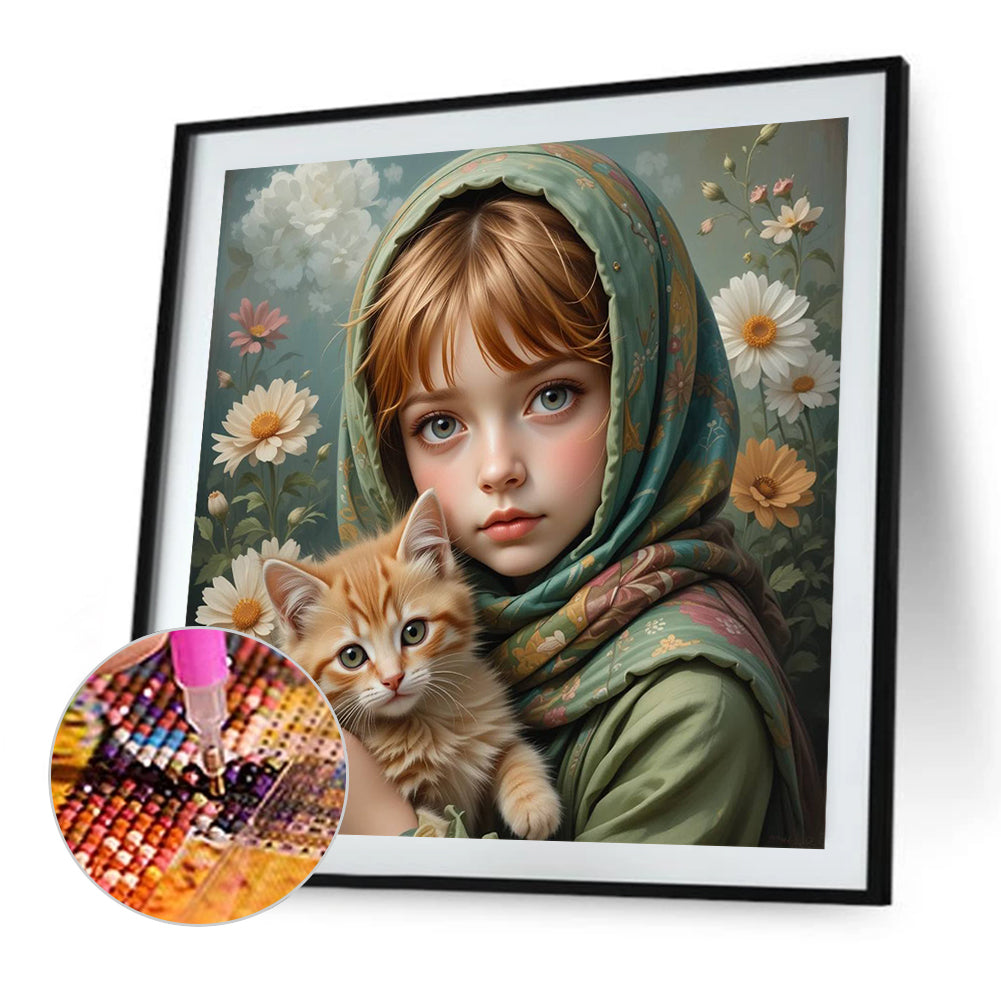 Diamond Painting - Full Square - Little Girl Holding Cat And Dog (40*40CM)