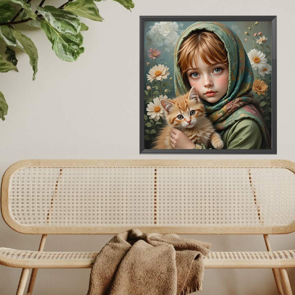 Diamond Painting - Full Square - Little Girl Holding Cat And Dog (40*40CM)