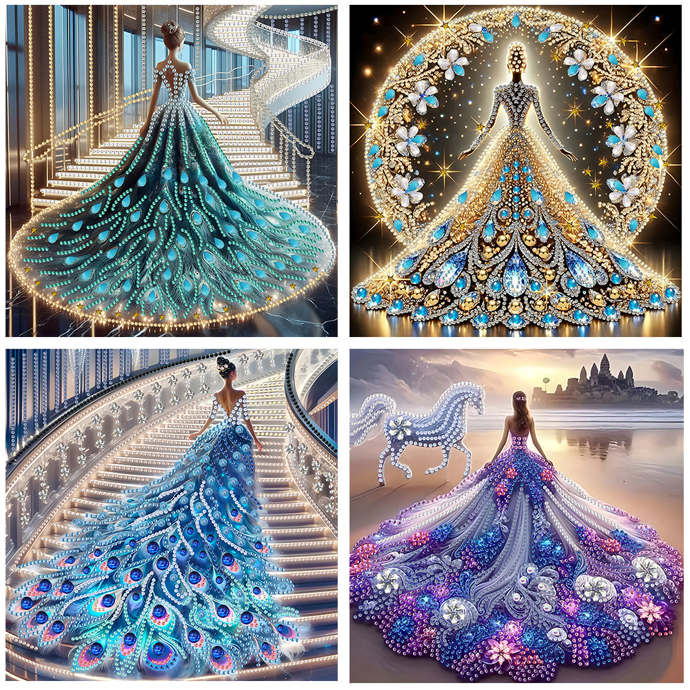 4 Pcs Diamond Painting - Partial Special Shaped - Girl With Dress Skirt (30*30CM)