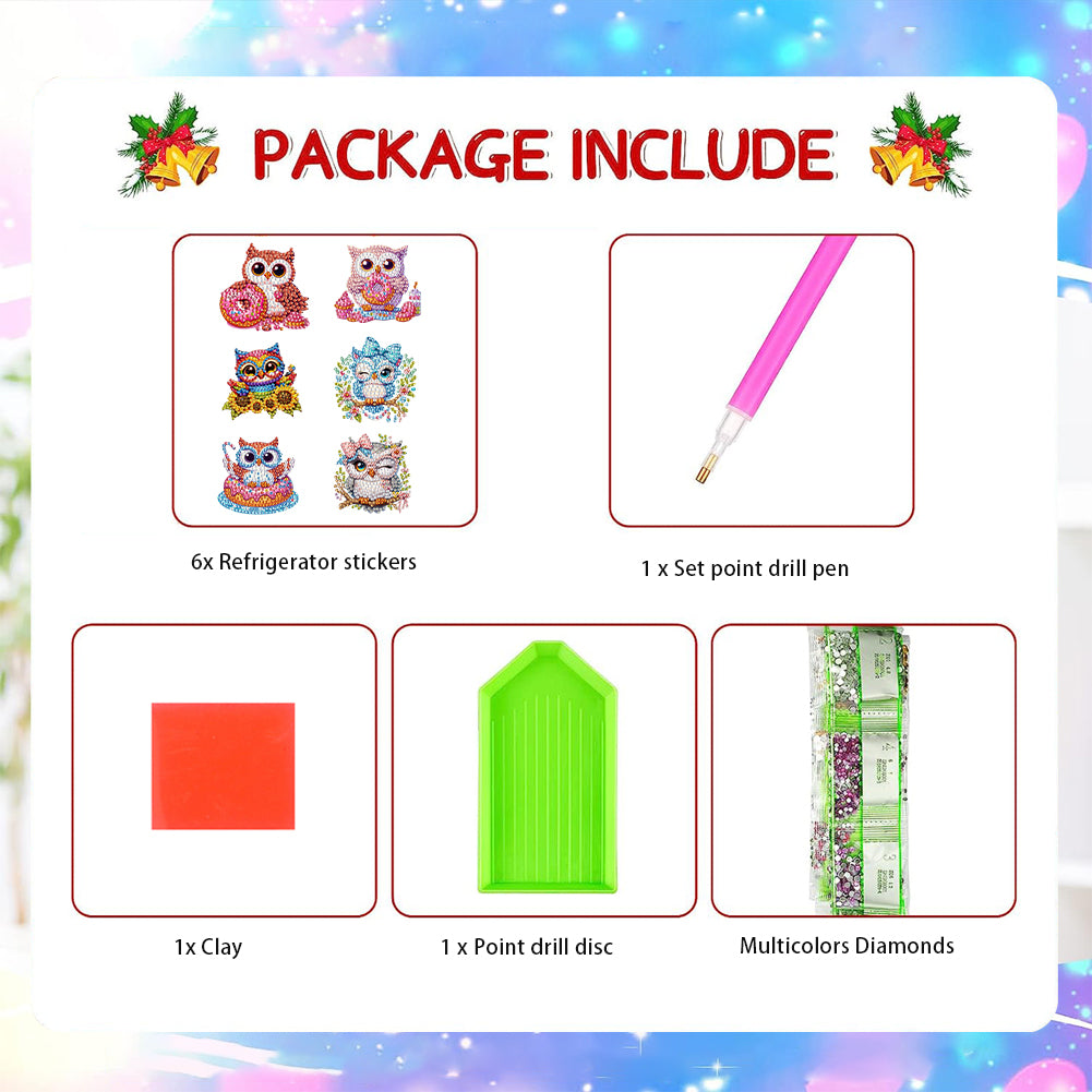 6Pcs DIY Diamond Painting Refrigerator Magnets Diamond Art Kits for Adults(Owl)