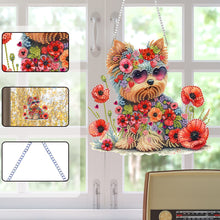 Load image into Gallery viewer, Yorkshire Terrier Poppies 2D Flat DIY Diamond Art Pendant Window Hanging Art