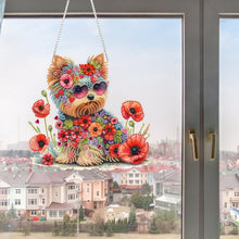 Load image into Gallery viewer, Yorkshire Terrier Poppies 2D Flat DIY Diamond Art Pendant Window Hanging Art