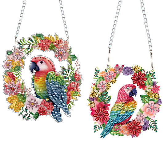 2pcs 2D Flat DIY Diamond Art Pendant Diamond Painting Set (Parrot Wreath)
