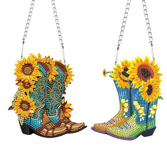 2pcs 2D Flat DIY Diamond Art Pendant Diamond Painting Set (Boots Sunflower)