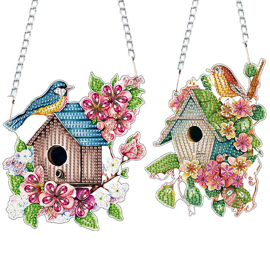 2pcs 2D Flat DIY Diamond Art Pendant Diamond Painting Set Wall Decor(Bird House)