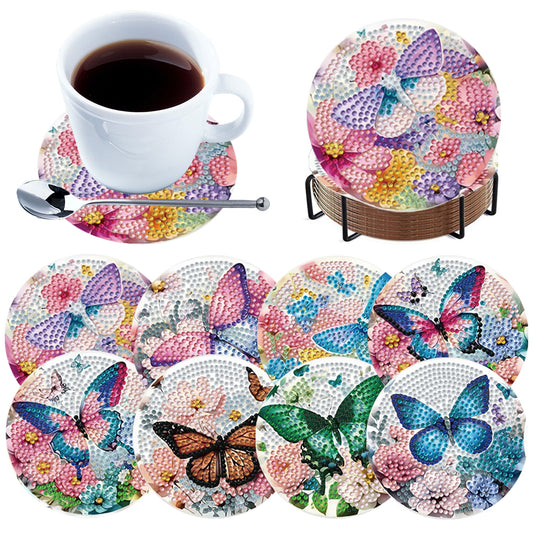 8pcs Butterfly DIY Diamond Painting Coasters Kits with Holder Wooden Coaster
