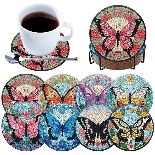 8pcs Butterfly DIY Diamond Painting Coasters Kits with Holder Wooden Coaster