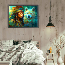 Load image into Gallery viewer, Diamond Painting - Full Round - The Indian, the White Wolf, and the Dreamcatcher (40*30CM)