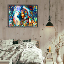 Load image into Gallery viewer, Diamond Painting - Full Round - The Indian, the Wolf, and the Dreamcatcher (40*30CM)