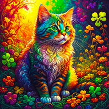 Load image into Gallery viewer, Diamond Painting - Full Round - colorful squatting cat in the four-leaf clover (40*40CM)