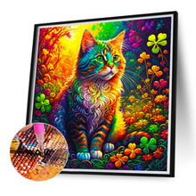 Load image into Gallery viewer, Diamond Painting - Full Round - colorful squatting cat in the four-leaf clover (40*40CM)