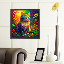 Load image into Gallery viewer, Diamond Painting - Full Round - colorful squatting cat in the four-leaf clover (40*40CM)