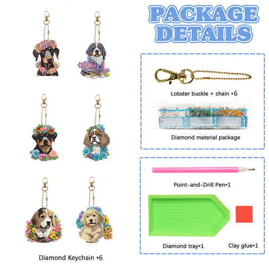 Full Drill Keyring Double Sided Diamond Painting Keychains (6PCS Pet Dog)