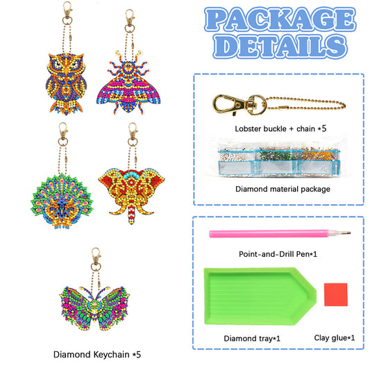 Full Drill Keyring Double Sided Diamond Painting Keychains (5PCS Butterfly Owl)