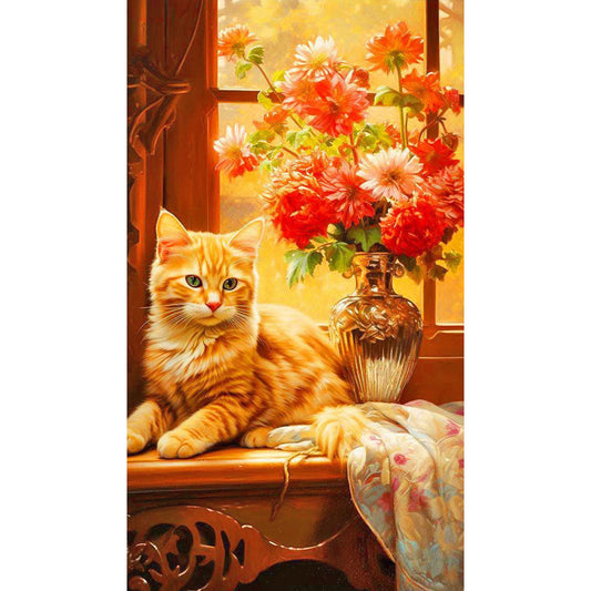Diamond Painting - Full Round - Orange cat next to vase (40*70CM)