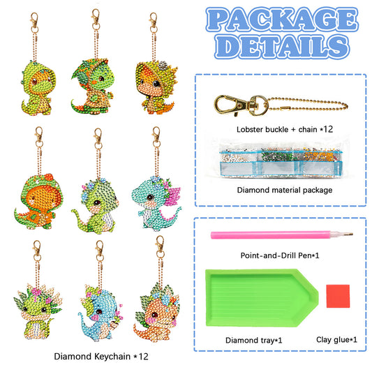 9PCS Double Sided Full Drill Keyring Forest Dinosaur for Adult Kid Handbag Decor