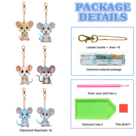 6PCS Double Sided Special Shape Diamond Painting Keychain (Delicate Mouse)