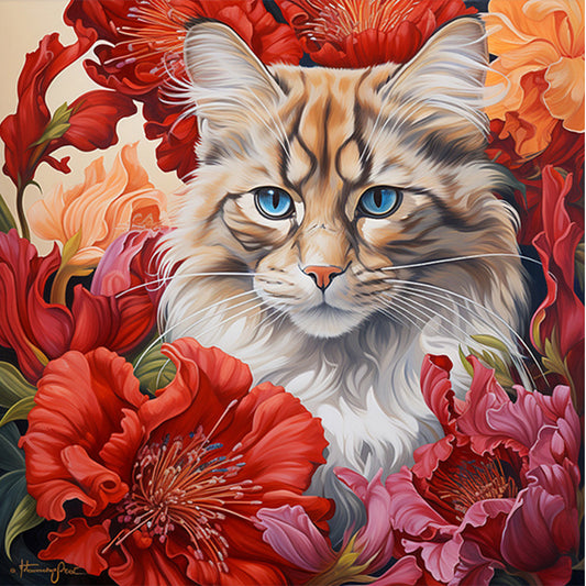 AB Diamond Painting - Full Round - Flowers and cats (40*40CM)