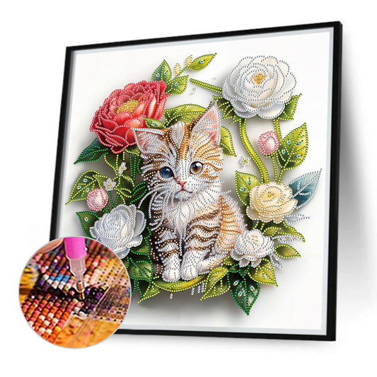 Diamond Painting - Partial Special Shaped - Simple flowers and cats (40*40CM)