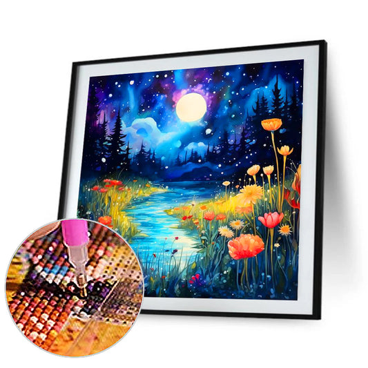 Diamond Painting - Full Round - Night view of forest creek (40*40CM)