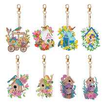 Load image into Gallery viewer, 8PCS Double Sided Diamond Art Keyring Birds Birdhouses Diamond Painting Keychain