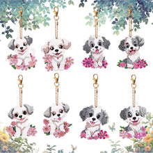 Load image into Gallery viewer, 8PCS Double Sided Round Diamond Painting Art Keychain Pendant (White Dog)