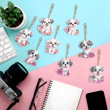 Load image into Gallery viewer, 8PCS Double Sided Round Diamond Painting Art Keychain Pendant (White Dog)