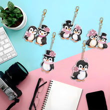 Load image into Gallery viewer, 5PCS Double Sided Round Diamond Painting Art Keychain Pendant (Penguin #1)