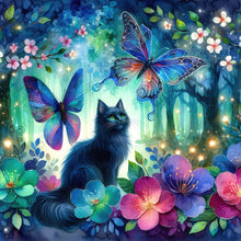 Load image into Gallery viewer, Diamond Painting - Full Round - Kitten and butterfly in the mysterious forest (30*30CM)