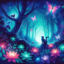 Load image into Gallery viewer, Diamond Painting - Full Round - Kitten and butterfly in the mysterious forest (30*30CM)