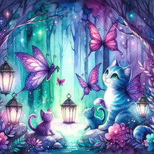 Load image into Gallery viewer, Diamond Painting - Full Round - Kitten and butterfly in the mysterious forest (30*30CM)