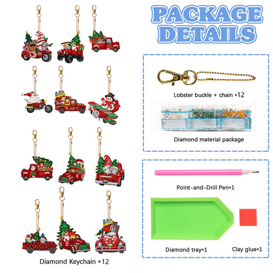 12PCS Double Sided Diamond Painting Art Keychain Pendant for Beginner(Red Truck)