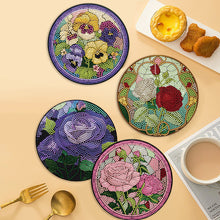 Load image into Gallery viewer, 4PCS Wooden Diamond Painted Placemat Round Placemat with Holder(Rose Bouquet #7)