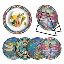 Load image into Gallery viewer, 4 PCS Wooden Diamond Painted Placemats Round Placemat with Holder (Dragonfly)