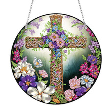 Load image into Gallery viewer, Acrylic Flower Cross Single-Sided Round Diamond Painting Hanging Pendant 20x20cm