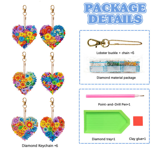 6 PCS Multicoloured Love Double Sided Special Shape Diamond Painting Keychain