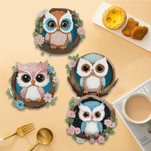 Load image into Gallery viewer, 4 PCS Wooden Diamond Painted Placemats Round Placemat with Holder (Owl)