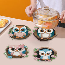 Load image into Gallery viewer, 4 PCS Wooden Diamond Painted Placemats Round Placemat with Holder (Owl)