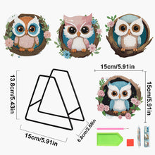 Load image into Gallery viewer, 4 PCS Wooden Diamond Painted Placemats Round Placemat with Holder (Owl)