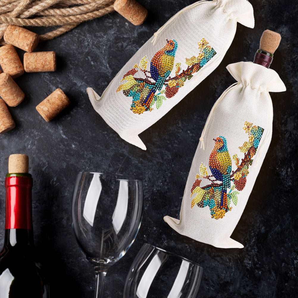 Bird Diamond Painting Burlap Wine Gift Bags for Christmas Wedding Birthday Party