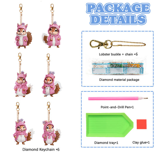 6 PCS Double Sided Special Shape Diamond Painting Keychain (Pink Squirrel)