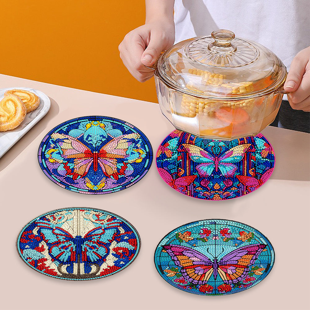 4 Pcs Acrylic Butterfly Diamond Painted Placemats Thermal Insulation Placemat