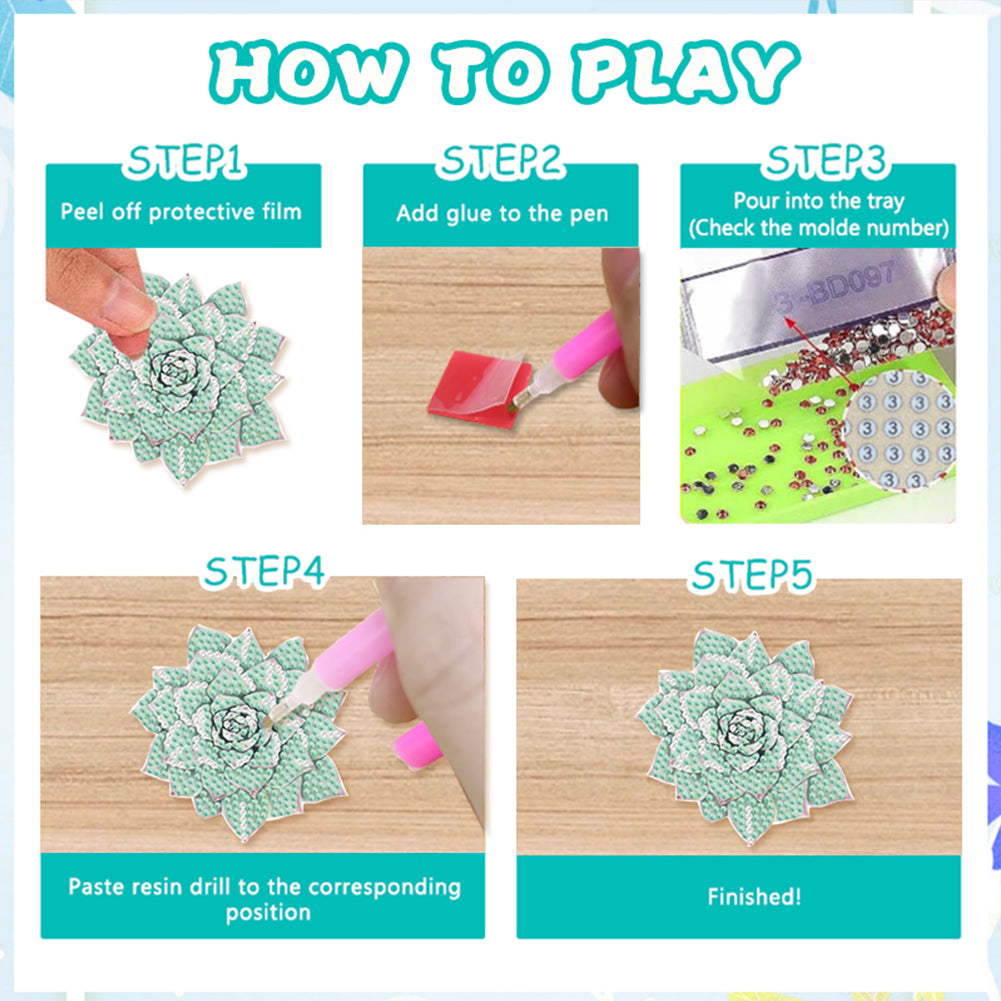 10 Pcs Wooden Heart Succulent Plant Diamond Painting Art Coaster Kit with Holder
