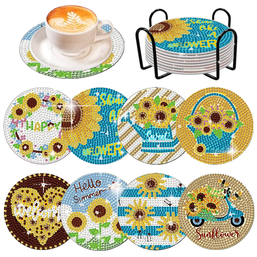 8 Pcs Wooden Sunflower Animal Diamond Painting Art Coasters for Beginners Adults