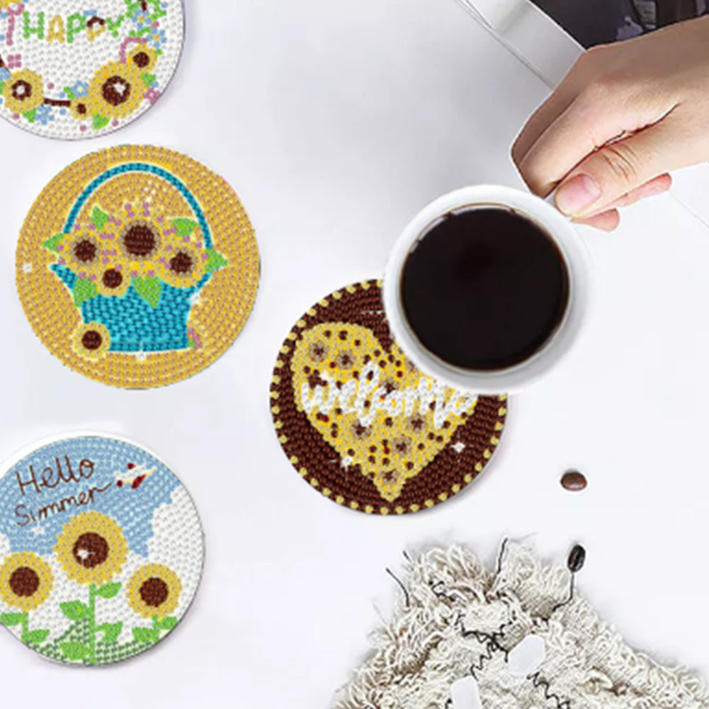8 Pcs Wooden Sunflower Animal Diamond Painting Art Coasters for Beginners Adults