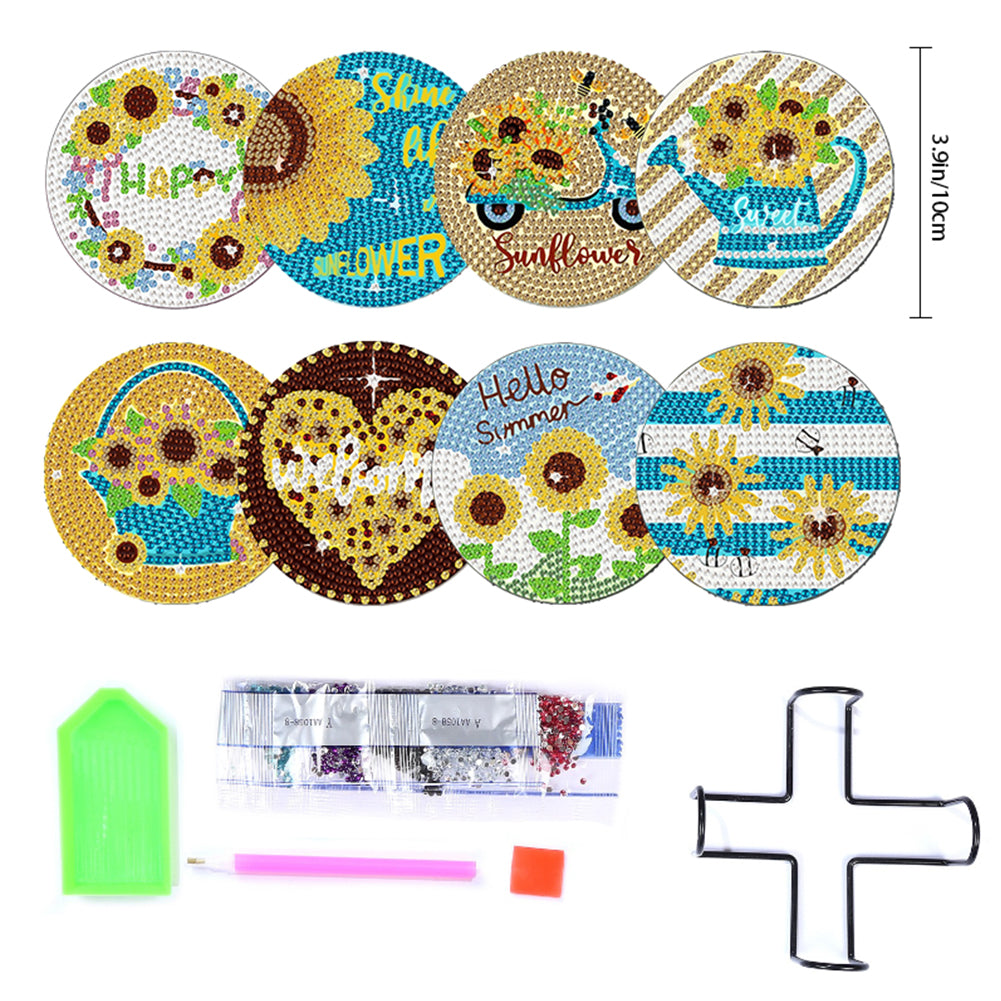 8 Pcs Wooden Sunflower Animal Diamond Painting Art Coasters for Beginners Adults